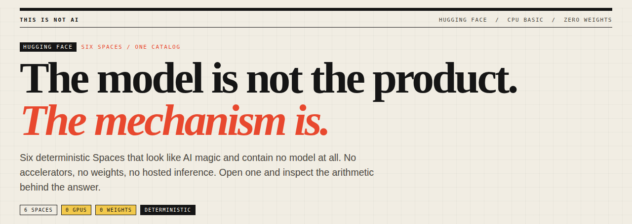 The catalog: six Spaces, zero weights, all arithmetic